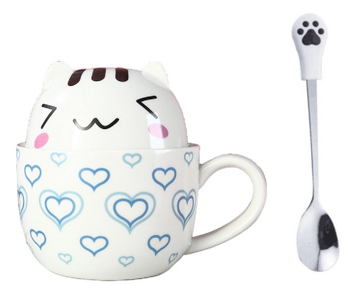 Taza Doble Y Cuchara Gato Gatito Lovely Kawaii Color Azul oscuro Gato corazones