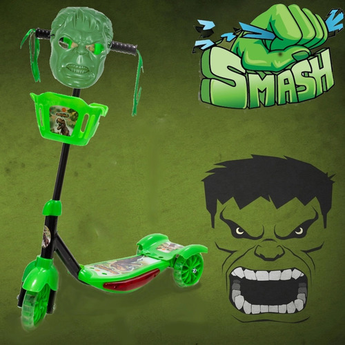 Patinete Infantil De 3 Rodas Dino Com Luz Cesta Som + Hulk