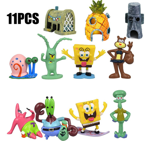 Juego De 11 Figuras De Bob Esponja, Mini Adornos Para Pecera