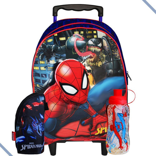 Mochila De Rodinhas  Garrafa Squeeze  Estojo Homem Aranha