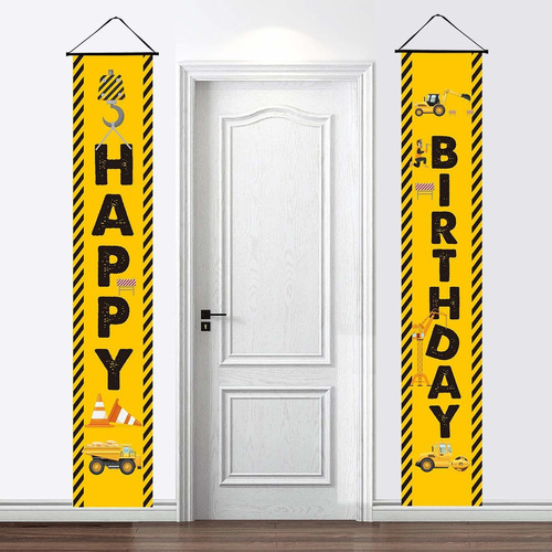 2 Pieces Construction Theme Happy Birthday Door Banner Decor