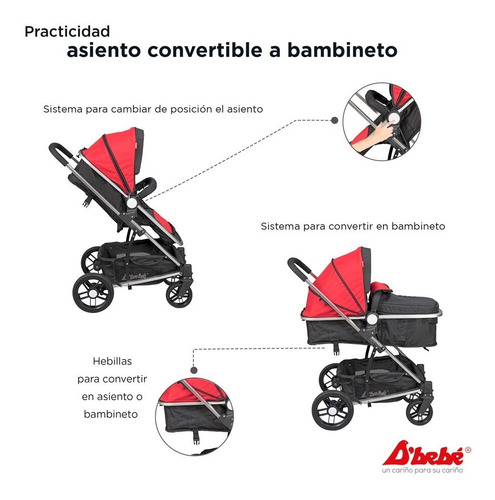 Carriola De Bebe Crown Portabebe Base De Carro Bambineto Capacidad de la carriola Individual Color Rojo Color del chasis Plateado