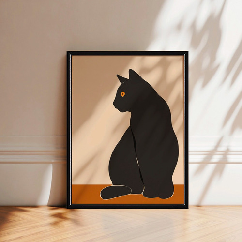 Arte Gato Negro Minimalista Boho Cuadro Marco De Madera