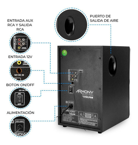Steelpro Minicomponente Home Theater 8,000 W - Armony - b3.1 Color Negro Potencia RMS 475 W /USB / TF Card / BLUETOOTH Integrado / FM Tuning -Entrada Auxiliar / Iluminación Multicolor