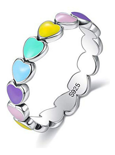 Anillos - Junmin Girl Sterling Silver Heart-shaped Rainbow R