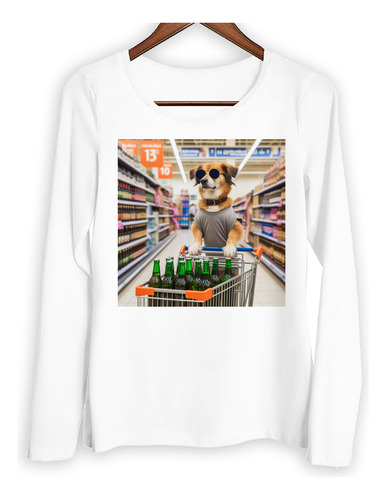 Remera Mujer Ml Perro En Supermercado Comprando Cerveza M3