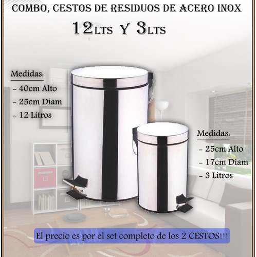 Imagen 2 de 9 de Set 2 Cestos Tachos De Basura Acero Inox 3 Y 12 Lt Outlet