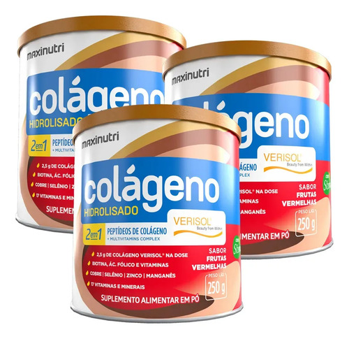Kit 03 Colágeno Hidrolisado Verisol Frutas Vermelhas 250g