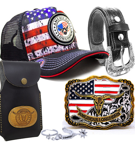 Kit American Longhorn Com Bone Cinto Capa Fivela E Chaveiro