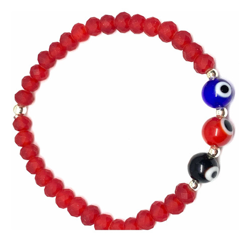 Pulsera Elastico Checa Cristal 3 Ojo Protección Roja Plata