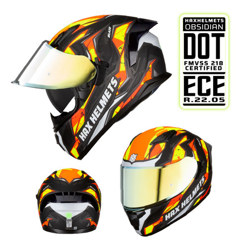 Hax. Casco Para Motociclista Dot + Ece. Obsidian Blaze Color Naranja Claro Tamaño Del Casco Xl - Extra Grande