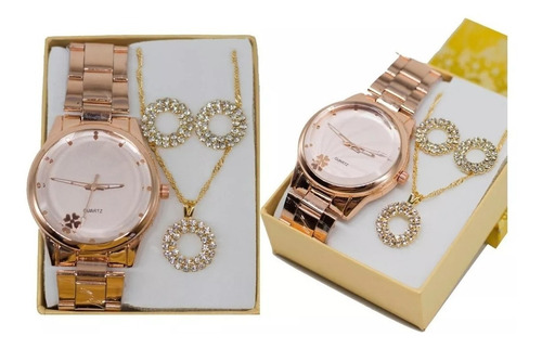 Relógio Feminino Dourado + Kit Colar E Brinco Foliado + Caix