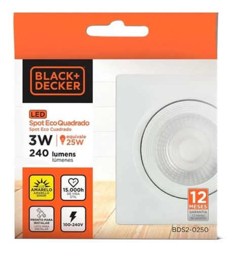 Spot Eco Led Black+decker Cuadrado Dimerizable 3w Luz Cálida