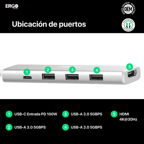 Hub Ugreen 5en1 Usb-a Multipuerto 5gbs Pd-100w Pc Mac Blanco