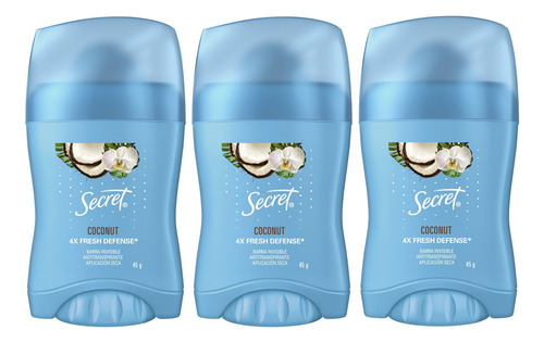 3 Antitranpirante Barra Secret Coconut 45g Coco