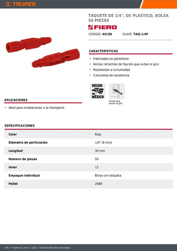 Taquete Plástico Rojo Intemperie 1/4 Fiero ( 2400pz )