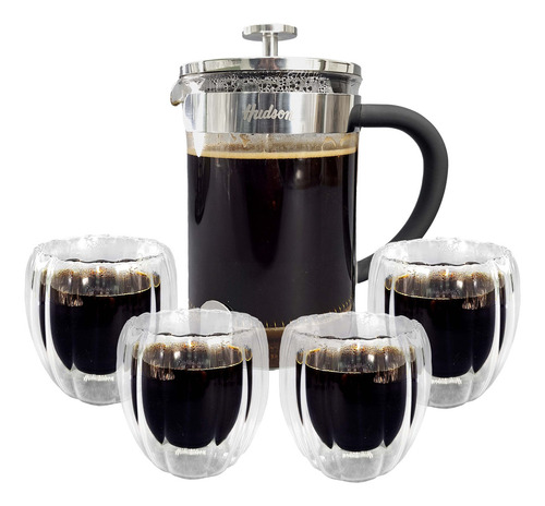 Set 5 Cafetera Embolo 600ml + 4 Vasos Rayado 80ml Hudson Bz3 Color Embolo Acero 600ml F-228-1000 - Dwg05