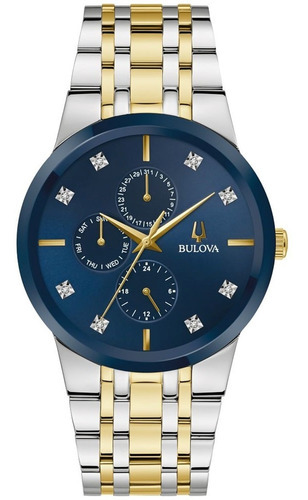 Reloj Bulova 98d180 Dress Original Para Caballero E-watch Color De La Correa Plateado/dorado Color Del Bisel Azul Color Del Fondo Azul