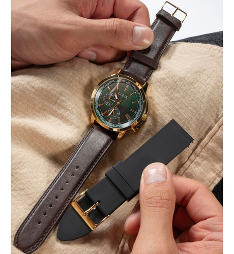 Reloj Para Hombre Guess Spec Correa Intercambiable Color Negro Bisel Dorado Fondo Verde