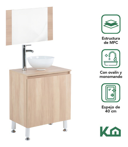 Mueble Para Baño Gabinete Con Espejo Lavabo Completo Color Haya Fibra De Madera MFC Con Puerta Frontal Repisa Llave Monomando Escurridor Y Ovalín De Cerámica KingsHouse