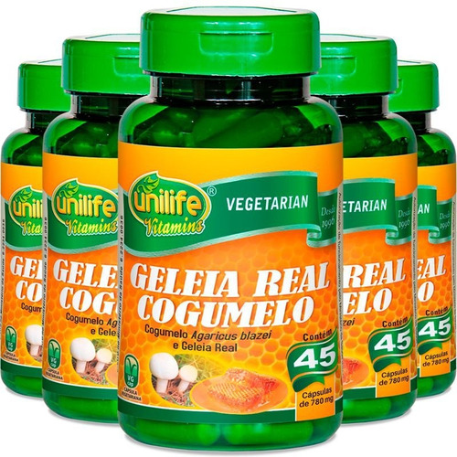 Kit 5 Geleia Real Cogumelo Agaricus Unilife 45 Cápsulas Sabor Sem Sabor