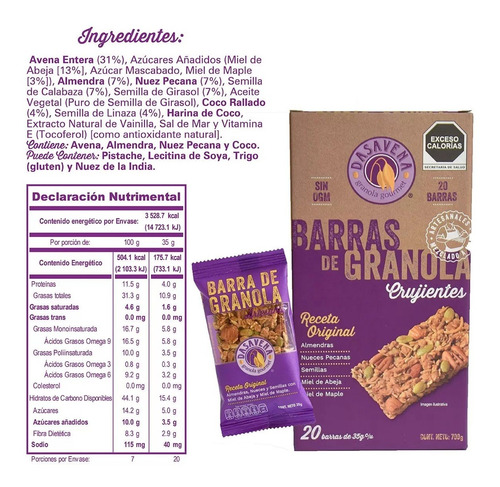 Barra De Granola Crujiente Dasavena 20 Piezas De 35 Gramos