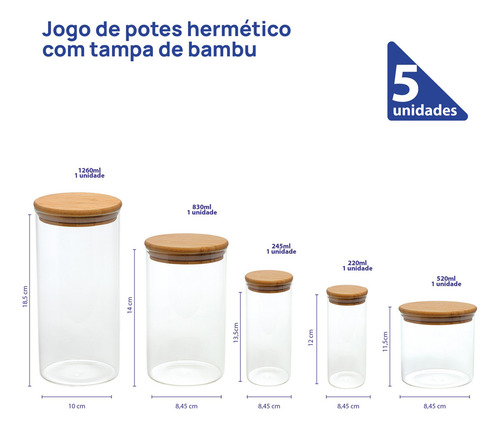 Jogo 5 Potes Hermético Redondo Vidro Tampa Bambu Mimo Style Cor Transparente