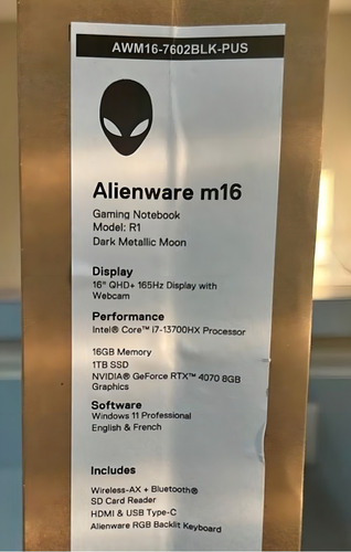 Alienware M16 Qhd+ 165hz Intel I7 16gb Ram Rtx 4070 1tb Ssd Color Dark Metallic Moon