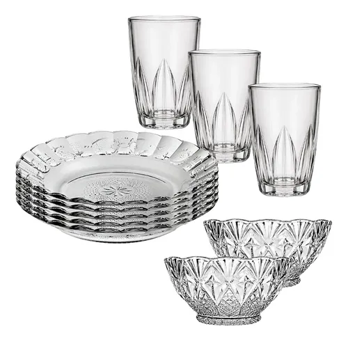 Aparelho De Jantar 18 Peças - Pratos + Copos + Tigelas Transparente