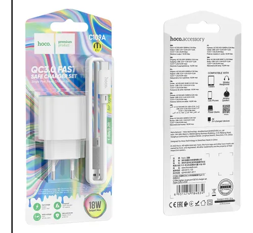 Cargador Qc 3.0 + Cable Usb-c Hoco C109a Blanco