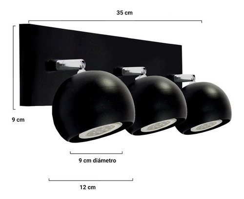 Imagen 2 de 10 de Aplique Pared 3 Luces Moderno Led Living Baño Negro Blanco