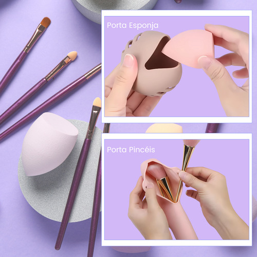 Combo Estojos De Maquiagem Silicone Para Pincéis E Esponja