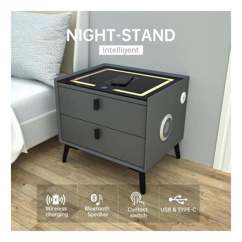 Mesa De Noche Buro Inteligente Carga Inalambrica Bocina Led Color Gris
