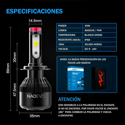 Kit Focos Led K1 Naoevo Base H7 Full Luz Blanca Camionetas