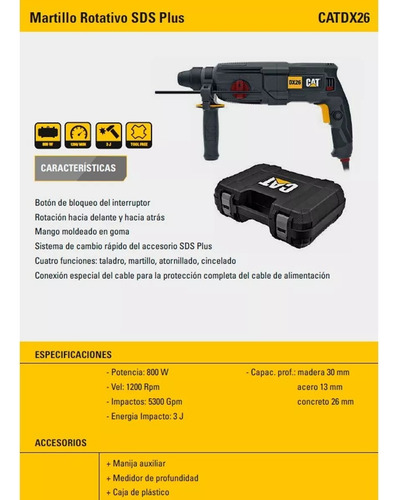 Rotomartillo Percutor Reversible Sds Plus 800w Cat Cinceles