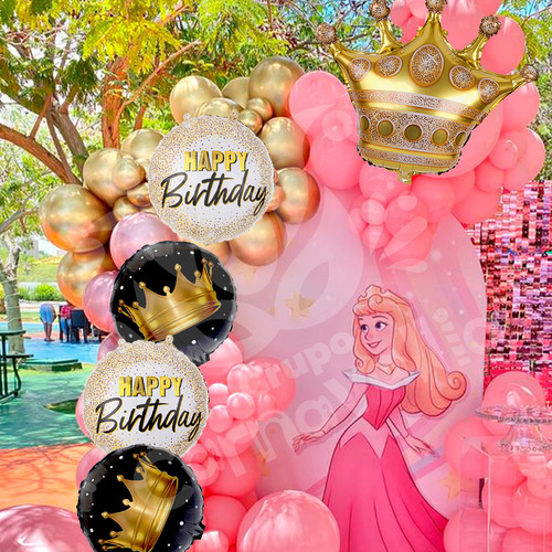 Kit 5 Globos Feliz Cumpleaños Corona Dorada Decoración Fiest