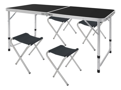 Mesa Camping Plegable Jardín Aluminio + 4 Banquetas Negro