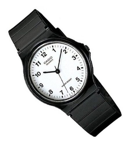 Reloj de pulsera Casio Collection MQ-24 de cuerpo color negro, analógico, fondo blanco, con correa de resina color negro, agujas color negro, dial negro, minutero/segundero negro, bisel color negro y hebilla simple
