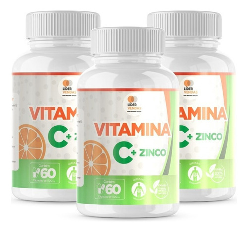 Vitamina C 500mg + Zinco 60 Cápsulas Kit Com 3 Potes Sabor Neutro