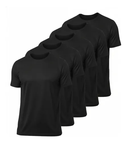 Kit de cinco camisetas masculinas pretas Dry Fit empilhadas em perspectiva