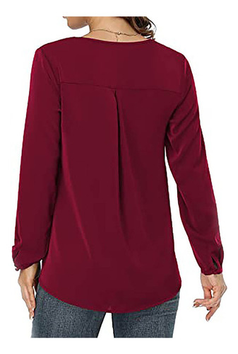 Blusa De Manga Larga Suelta Con Cuello En V Liso Para Mujer