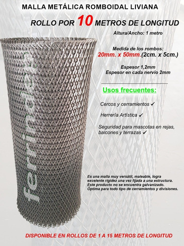 Imagen 3 de 10 de Malla Romboidal Metál Desplegado 20x50mm Rollo 1 X 10mts