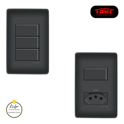 Kit Interruptor Triplo + Interruptor Com Tomada 20a Preta