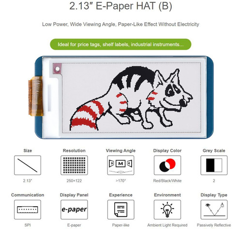 Pantalla E-ink De 2,13 Pulgadas Hat Para Raspberry Pi