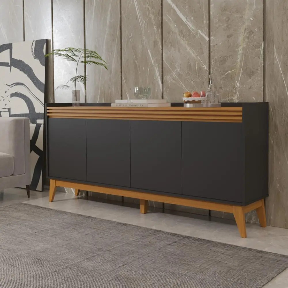 Buffet Aparador Ripado Com 4 Portas Monaco 180cm Preto E Cedro
