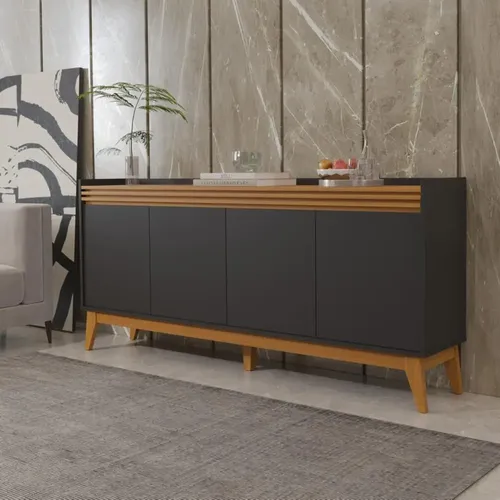 Buffet Aparador Ripado Com 4 Portas Monaco 180cm Preto E Cedro