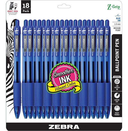 Boligrafo Retractil Zebra Pen, Punta Media, 1mm Negro 18 U.