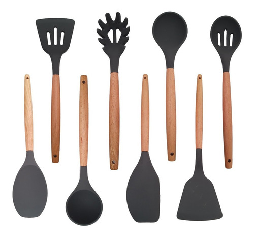 Utensilios Cocina Punta Silicona Y Mango Madera Set 8.