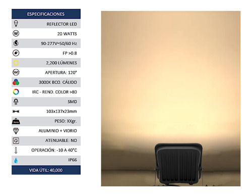Reflector Led Lampara Luminario Blanco Cálido 20w Artlite Negro Blanco Cálido
