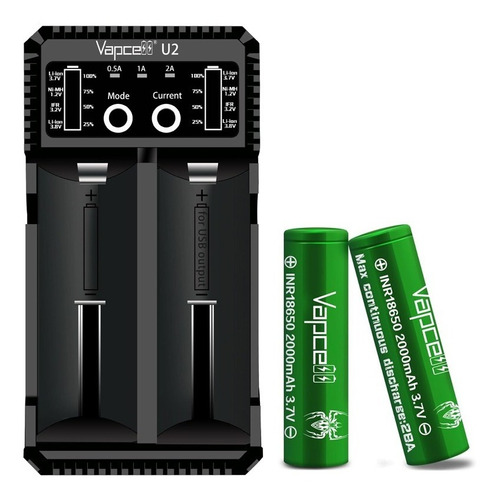 Pack Cargador Vapcell U2 - 2 Baterias 18650 Green + Regalos
